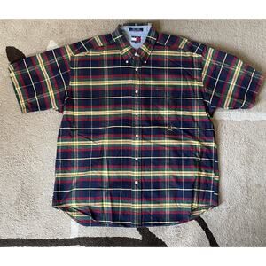Vintage 90s Tommy Hilfiger Mens XL Bright Flannel Butto Up Short Sleeve Shirt